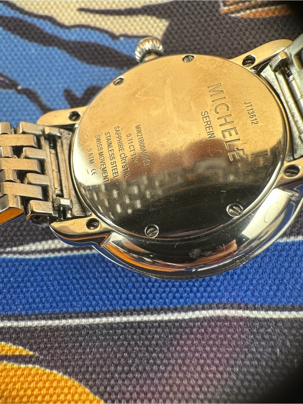 Michele Silver Stainless Steel Diamond Accent Watch with Mother-of-Pearl Dial